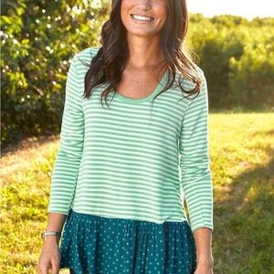 Matilda Jane Green Striped Blouse with Blue Polka Dot Hem